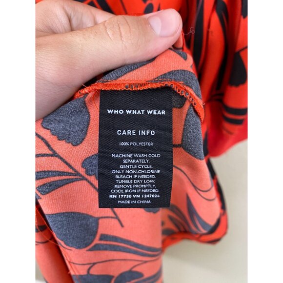 Who What Wear Womens Red Midi Dress Black Leaf Print Size S Belted Polyester - Picture 4 of 7